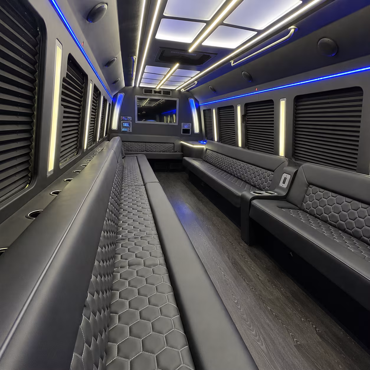 Passenger seating aboard a party bus rental serving Fairfield